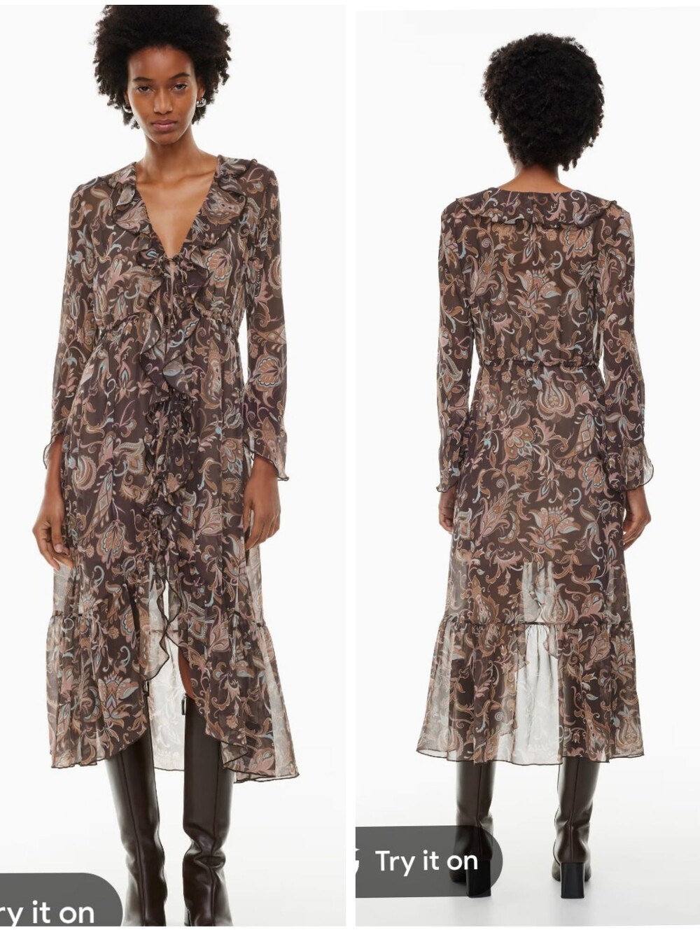 NWT Aritzia Wilfred Mina Dress Paisley Print Brown Ruffle Size XS
